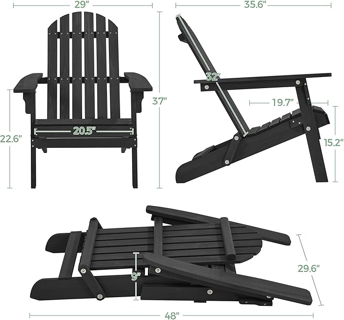 Yaheetech Folding Adirondack Chair Set of 4 Outdoor, 300LBS Solid Wood Garden Chair Weather Resistant, Fire Pit Lounge Chairs for Garden/Yard/Patio/Lawn, Black