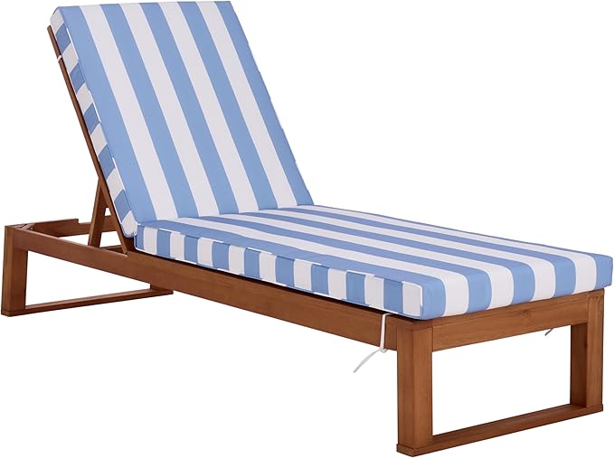 SAFAVIEH Outdoor Patio Furniture Collection - Sophie Natural Brown Solid Wood Chaise Lounge Chair, Adjustable Reclining, Baby Blue Stripe Cushion (PAT7101U)