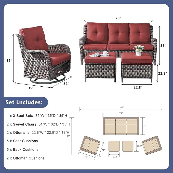 Rilyson Wicker Patio Furniture Set - 5 Piece Rattan Outdoor Sectional Conversation Sets with 2 Rocking Swivel Chairs - Photo 2