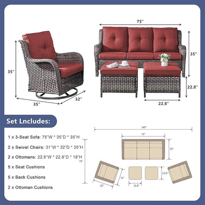 Rilyson Wicker Patio Furniture Set - 5 Piece Rattan Outdoor Sectional Conversation Sets with 2 Rocking Swivel Chairs,2 Ottomans and 1 Sofa for Porch Deck Garden(Mixed Grey/Red)