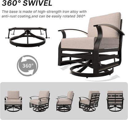 Gotland 4 Piece Patio Set, Metal Outdoor Swivel Chairs Set of 2 with 2 Ottoman 5.1’’ High-Resilience Seat Cushions Removable Cushions, Aluminum Patio Furniture Set for Lawn, Porch, Balcony, Khaki