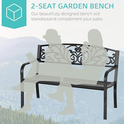 50" Outdoor Bench, Metal Garden Bench with Floral Pattern Backrest, Porch Bench with Slatted Seat for Park, Yard, Lawn, Black