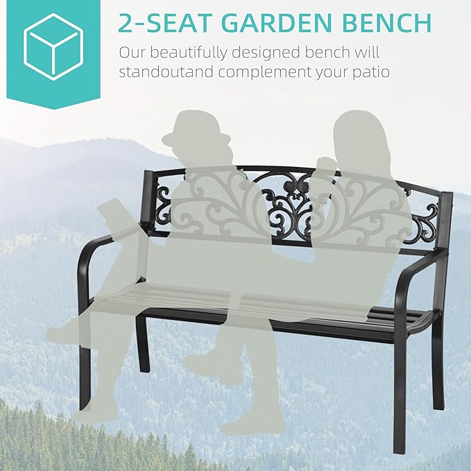 50" Metal Garden Benches for Outside, Front Porch Bench with Floral Pattern Backrest, Patio Yard Benches with Slatted Seat for Outdoors Park/Entryway/Backyard (Black)