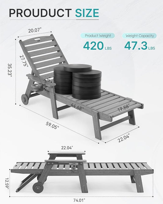Chaise Lounge Chair Outdoor with Wheels, Oversize Patio Lounge Chairs with Wood Texture, 5-Position Plastic Lounge Chairs Set of 2-Grey(Separate Delivery)