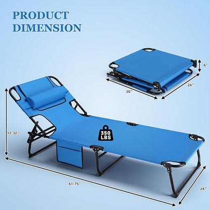 3-in-1 Sun Tanning Chair with Face Holes, Folding Chaise Lounge Chairs, 5-Position Adjustable Lounge Chair Outdoor with 2 Side Pocket & Pillow, for Pool Beach, Patio, Camping, Blue