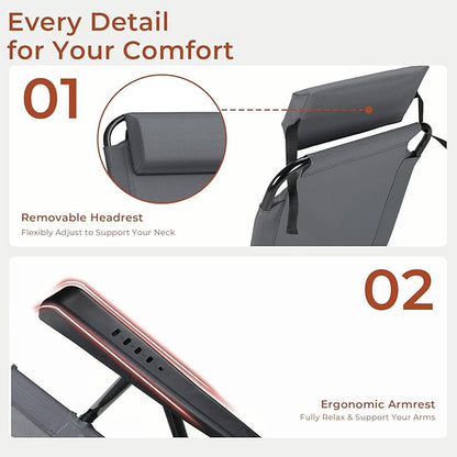 TLSUNNY Folding Patio Chairs Set of 4, Outdoor Lawn Chair w/ 5 Level Adjustable Teslin Back, Removable Headrest, Ergonomic Armrest, Foot Pad, All Weather for Camping, Garden, Pool, 300Lbs (4, Grey)