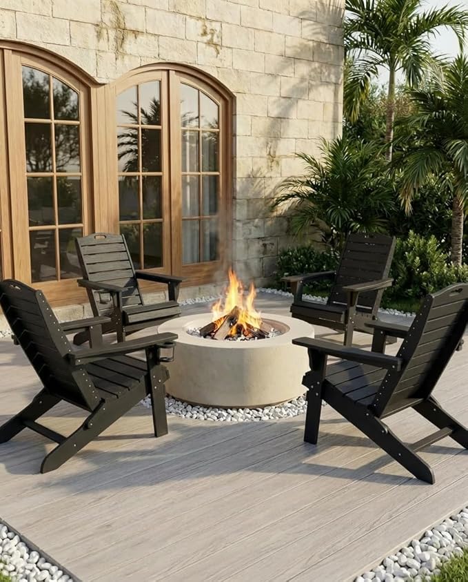 Folding Adirondack Chair with Retractable Ottoman Weather Resistant Fire Pit Chair Patio Chair with 2 Cup Holder Lawn - Photo 2