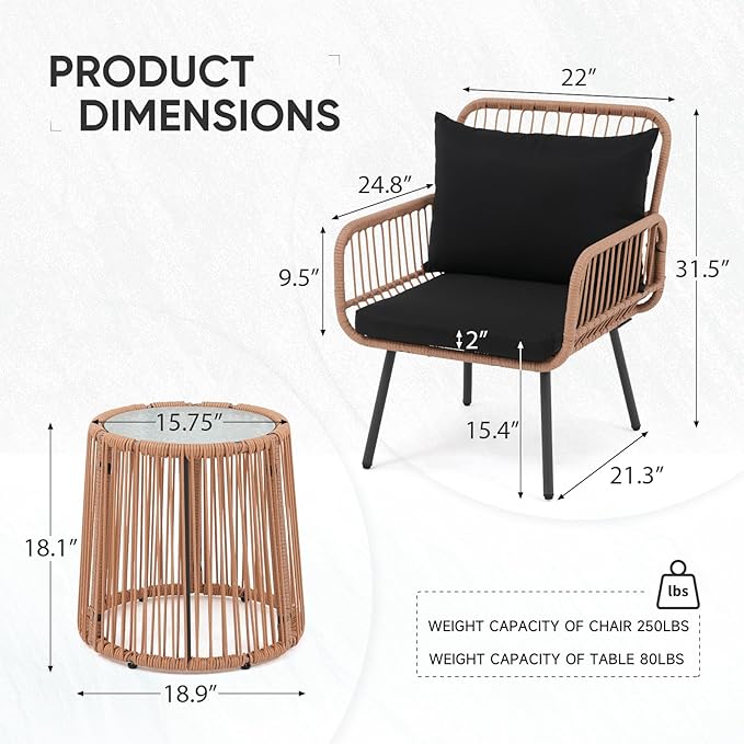 Verano Garden 3 Pieces Patio Bistro Sets, Outdoor Wicker Balcony Furniture Sets - Photo 6