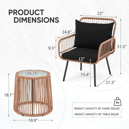 Verano Garden 3 Pieces Patio Bistro Sets, Outdoor Wicker Balcony Furniture Sets,Patio Rattan Furniture Set with Round Glass Table for Porch,Lawn,Garden,Backyard (Black, 3 PCS Set)