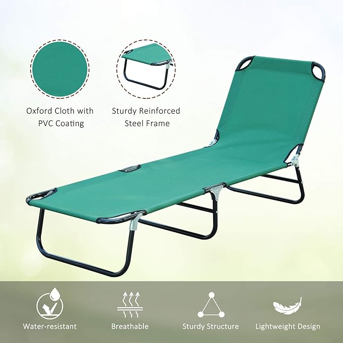 3-in-1 Heavy Duty Tanning Chair with Face Hole Adjustable 5-Position Folding Chaise Lounge Chairs Portable Lay Flat Beach Lounge Chair for Outdoor Sunbathing Patio Pool Lawn Camping Deck (Green)