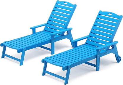 LUE BONA Lounge Chair Outdoor Set of 2, HDPS Chaise Lounge Outdoor with Wheels, 5 Positions Adjustable Pool Lounger Chairs for Outside, Patio, Deck, Blue
