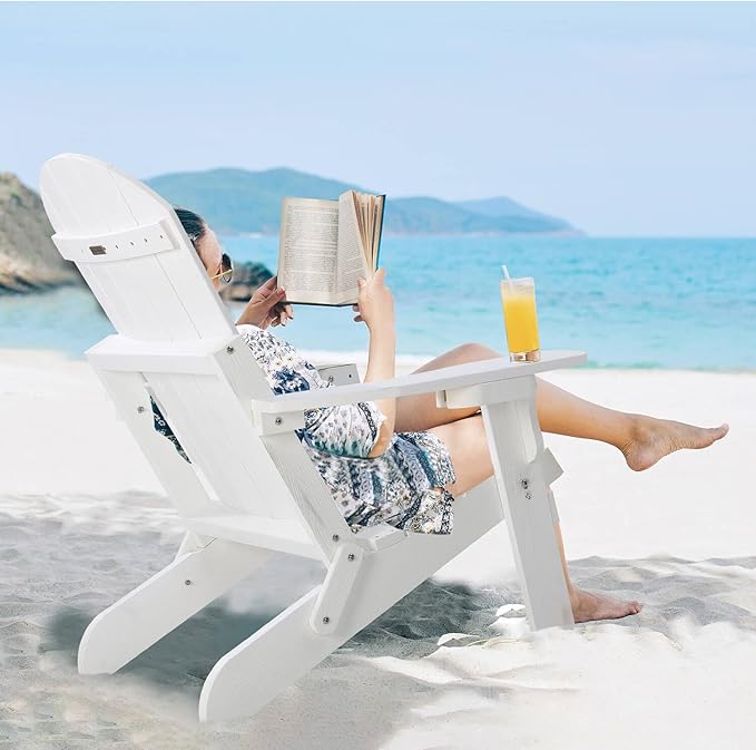 Folding Adirondack Chair, All Weather Resistant Plastic Chair with Cup Holder, Fold or Unfold Easily in 1 Second, Outdoor Chairs for Patio, Garden, Backyard Deck, Lawn Fire Pit(White)
