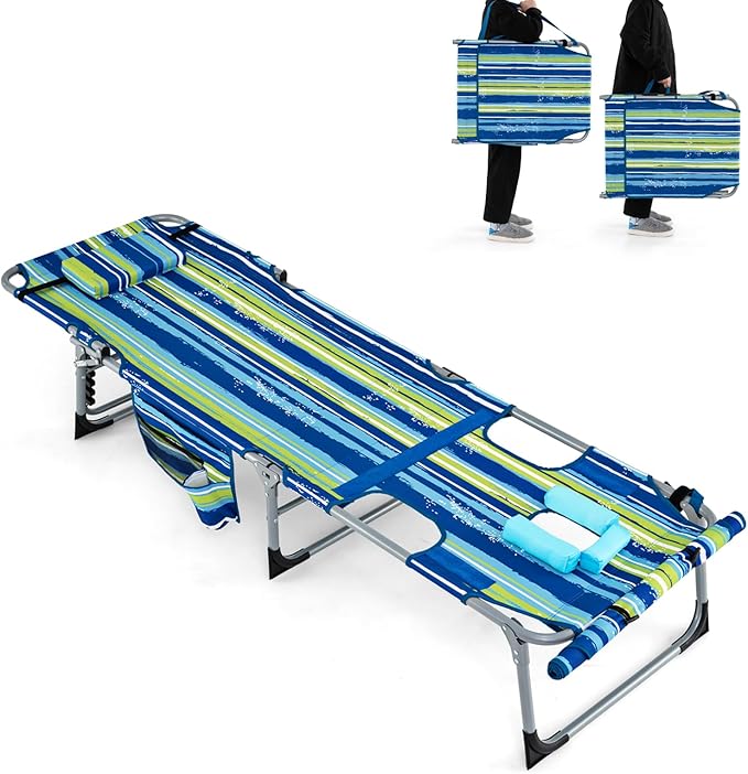 Goplus Tanning Chair, Folding Outdoor Beach Lounge Chair with Face & Arm Hole, Carrying Strap, Pillow, Side Pocket - Photo 1