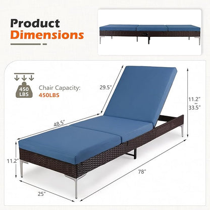 HOMREST Outdoor Lounge Chairs Set of 4, Patio Wicker Chaise Lounge with Removable Cushion, Rattan Pool Sunbathing Recliners with Adjustable Backrest (Navy Blue)