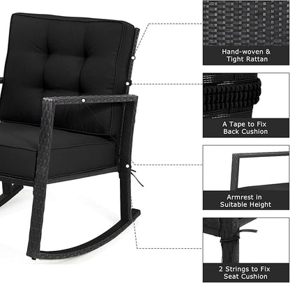 Tangkula Wicker Rocking Chair, Outdoor Glider Rattan Rocker Chair with Heavy-Duty Steel Frame, Patio Wicker Furniture Seat with 5” Thick Cushion for Garden, Porch, Backyard, Poolside (2, Black)