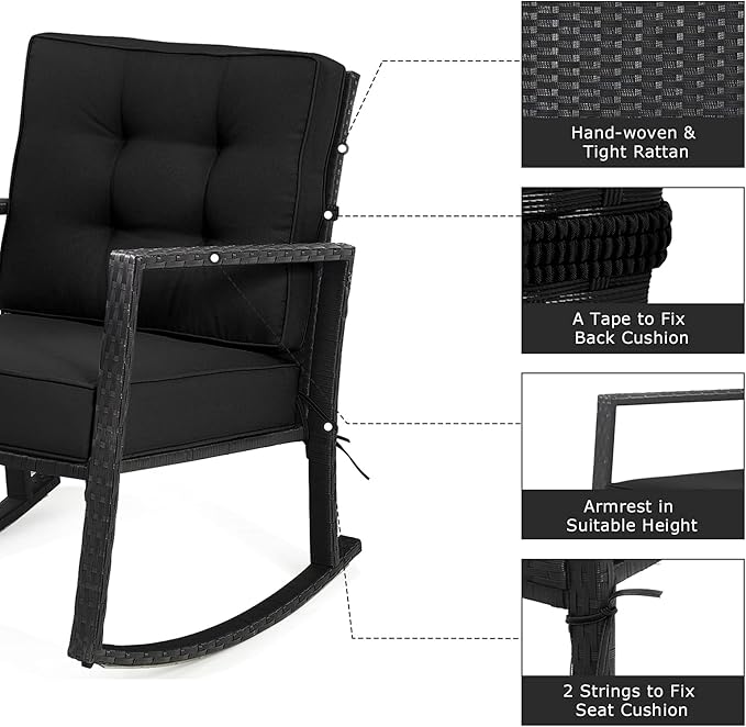 Tangkula Wicker Rocking Chair, Outdoor Glider Rattan Rocker Chair with Heavy-Duty Steel Frame, Patio Wicker Furniture Seat with 5” Thick Cushion for Garden, Porch, Backyard, Poolside (1, Black)
