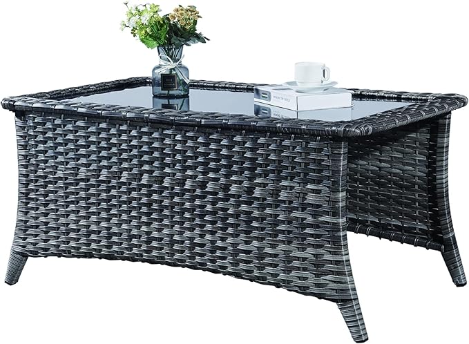 Rilyson Patio Tables Wicker Coffee Table - Outdoor Rattan Coffee Tables with Glass Top for Patio Proch Deck Balcony Rectangle Mixed Grey