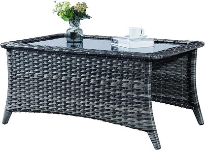 Rilyson Patio Tables Wicker Coffee Table - Outdoor Rattan Coffee Tables with Glass Top for Patio Proch Deck Balcony Rectangle Mixed Grey