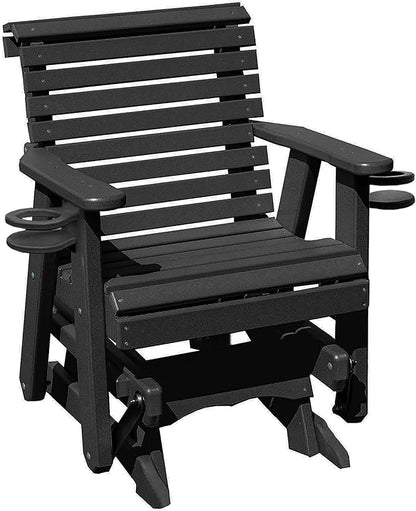 Amish Craftsmanship Made in USA 2FT Heavy Duty Poly Lumber Wood Porch Patio Glider HDPE with No wood fibers Lancaster Series Rollback design 500 lbs Limit With Cupholders Black on Black