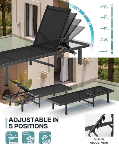 Pool Lounge Chairs Set of 3 (2 Loungers + 1 Side Table)，Outdoor Lounge Chairs with Wheels and 5-Position Recliner, Aluminum Patio Lounge Chair for Poolside, Deck (Black)
