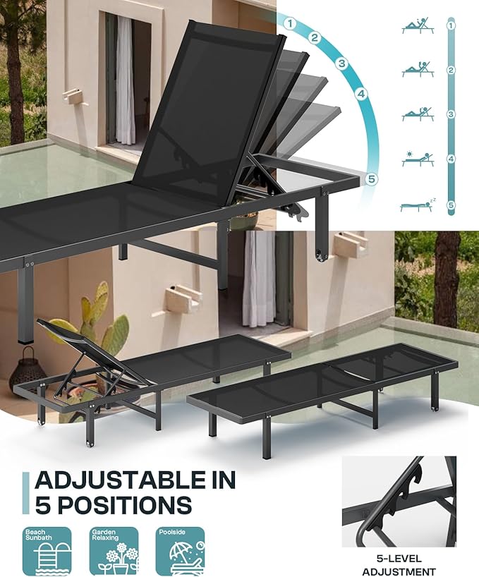 Lounge Chair Outdoor with Wheels, Aluminum Patio Chaise Lounge Chair with 5 Adjustable Backrest - Easy to Move- Pool Lounge Chairs for Deck, Beach, Poolside (Black)