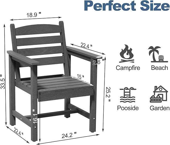 Scurrty Plastic Adirondack Chairs Set of 2, Patio Chairs with Wood Texture,Lawn Fire Pit Deck Porch Garden Chairs for Adults (Grey)