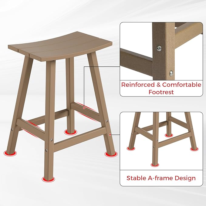 Costaelm All-Weather Bar Stools Set of 3, 24" Height Outdoor Bar Stools, Adirondack Poly Patio Bar Stool for Patio, Deck, Kitchen Counter and Garden, Weathered Wood