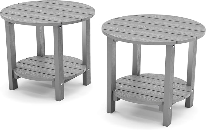 YEFU Adirondack Side Table, 18" Double Outdoor Side Table Set of 2, Poly Lumber end Table, Weather Resistant for Indoor, Patio, Pool, Porch, Backyard-Grey