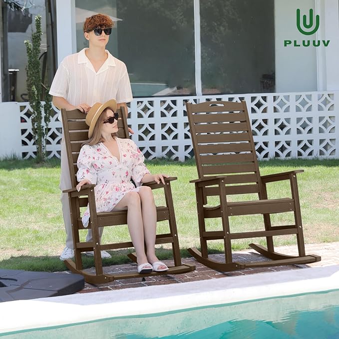 PLUUV Outdoor Rocking Chair with Removable Footboard for Adults, HDPE High Back Patio Rocking Chairs, 330lbs All Weather Porch Rocking Chairs for Outdoor & Indoor -Brown