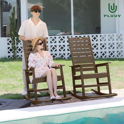 PLUUV Outdoor Rocking Chair with Removable Footboard for Adults, HDPE High Back Patio Rocking Chairs, 330lbs All Weather Porch Rocking Chairs for Outdoor & Indoor -Brown