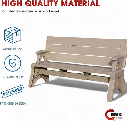 Convert-a-Bench Gen 2 2-in-1 Outdoor Convertible Bench to Picnic Table | Space-Saving, Weather-Resistant Patio Furniture for Yard, Deck, Garden | Easy Assembly & Durable - 1 Bench/Order, Adobe