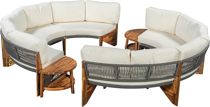 Quarte Outdoor Acacia Wood Round Sofa Set, Half-Moon Sectional Sets with Coffee Table, 6-Person Seating Group for Garden - Photo 8