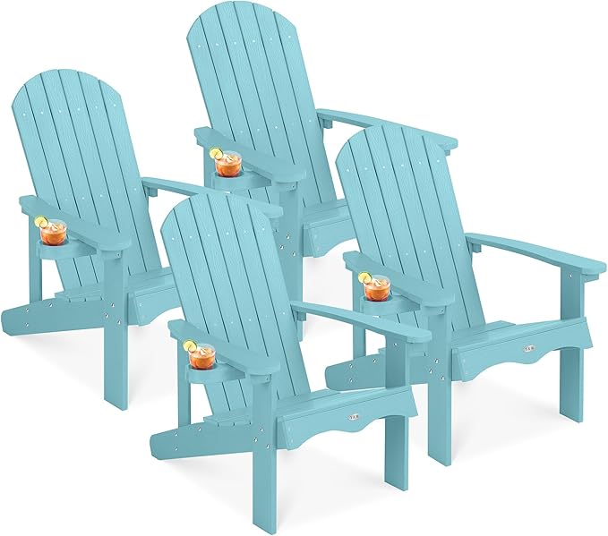 Y&M Adirondack Chair Set of 4, Light Blue Fire Pit Chairs, Outdoor Patio Chairs with Cup Holder, Weather Resistant HDPE Wooden Textured Patio Chairs, Perfect for Garden, Lawn, Deck, or Poolside