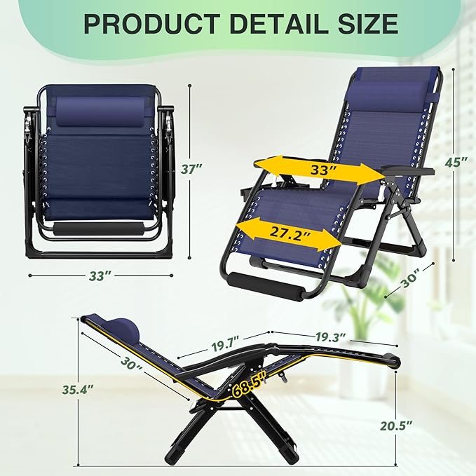 Suteck Oversized Zero Gravity Chair, 33In XXL Outdoor Recliner Chair w/Removable Cushion&Headrest - Photo 2