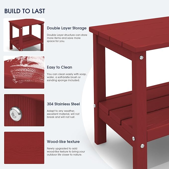 KINGYES Outdoor Side Table Set of 2, Double Layer Adirondack End Table- Red