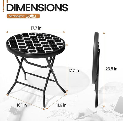 Foldable Side Table with Tempered Glass Top 18" Outdoor Folding Side Tables Small Glass Patio Table for Porch Yard Balcony Deck Lawn Dining Garden (Black and White Stripe)