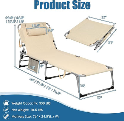 Giantex Lounge Chair Chaise Lounger, Beach Recliner with Mattress, 4 Adjustable Reclining Position, Pillow, Side Pocket for Beach, Sunbathing, Patio, Pool, Lawn, Deck Folding Camping Cot (2, Beige)