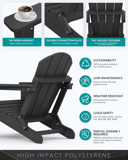 SERWALL Foldable Adirondack Chair Set of 2 for Patio Garden Outdoors Fire Pit-Black