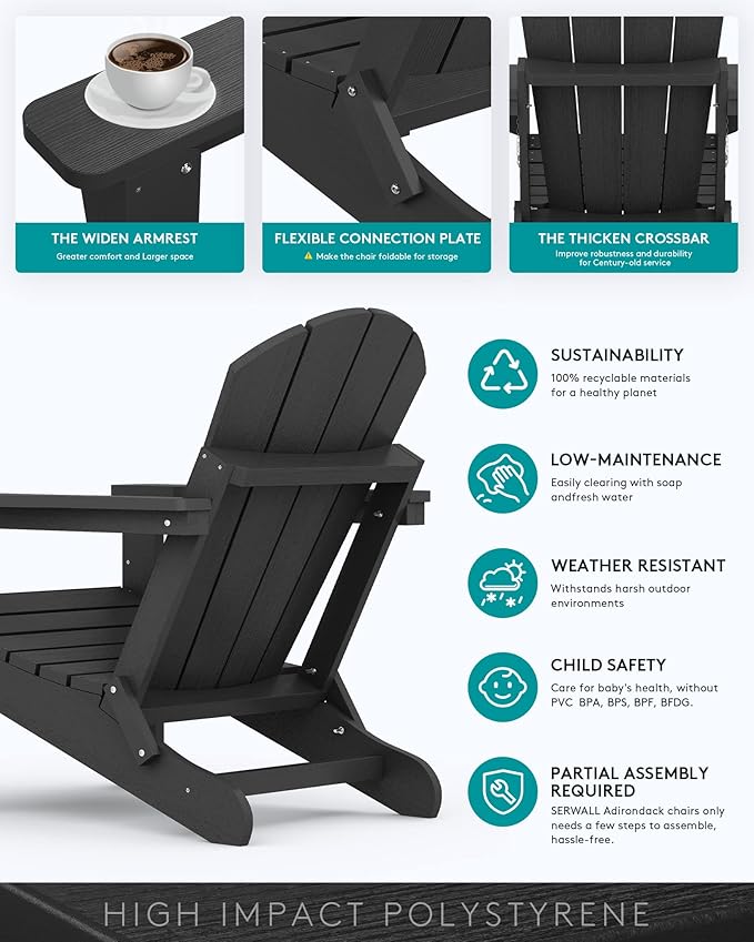 SERWALL Folding Adirondack Chairs Patio Chairs Lawn Chair Set of 8 Outdoor Adirondack Chair Weather Resistant for Patio - Photo 5