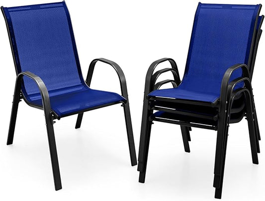 COSTWAY Patio Dining Chairs Set of 4, Stackable Outdoor Chairs with Armrest and High Back, Breathable Fabric & Metal Frame Chair for Garden Poolside Backyard Deck (Navy)