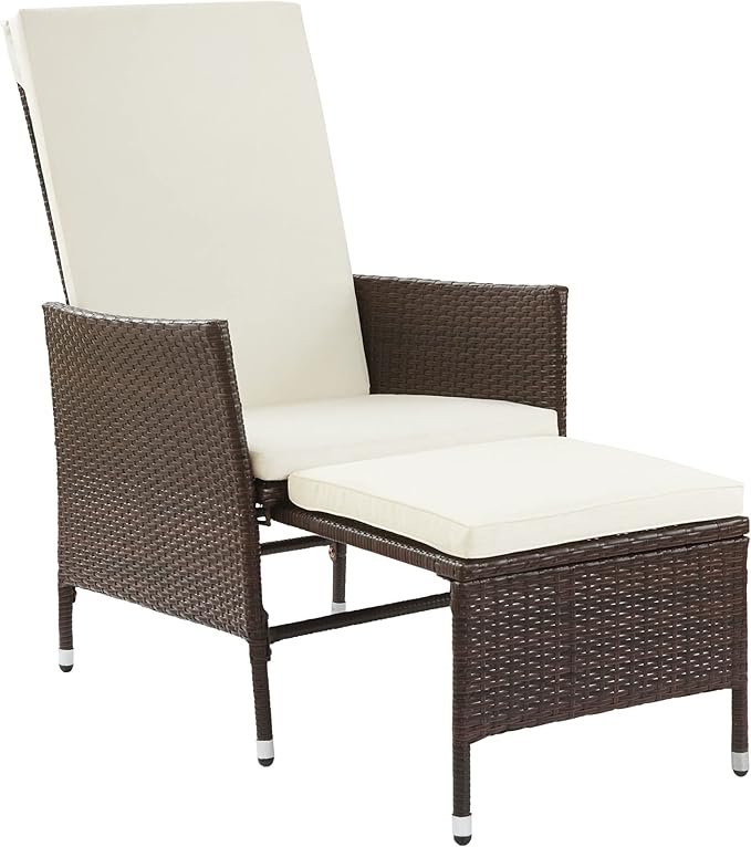 Teamson Home Outdoor PE Rattan Patio Lounge Chair with Pull-Out Ottoman and White Weather-Resistant Cushions Patios, Decks, Gardens, Poolside, Balconies, or Sunrooms, Brown