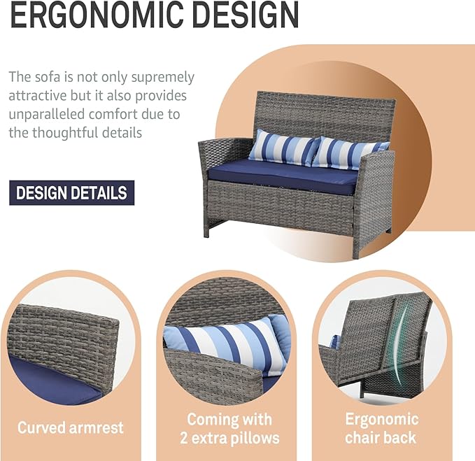 SUNSITT Outdoor Furniture 3 Seats Patio Couch, Outdoor Wicker Sofa, Grey PE Wicker with Blue Cushions & Lumbar Pillows - Photo 5