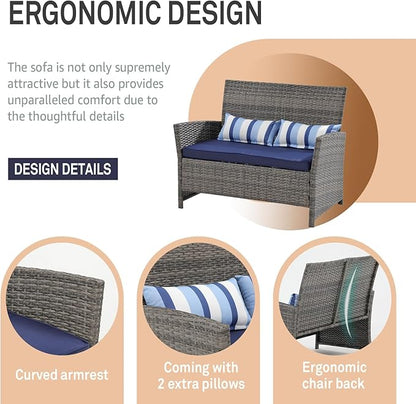 SUNSITT Outdoor Furniture 3 Seats Patio Couch, Outdoor Wicker Sofa, Grey PE Wicker with Blue Cushions & Lumbar Pillows, Porch, Backyard, Pool, Steel Frame | Outdoor Wicker Sofa, Grey PE Wicker, Blue Cushions, Lumbar Pillows, Steel Frame