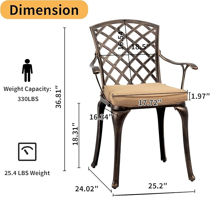 VINGLI Outdoor Dining Chairs Set of 4 with Cushion Aluminum Patio Chairs, Cast Aluminum Patio Furniture Aluminum Outdoor Chairs for Backyard, Poolside, Balcony Bronze (4, Grid Back with Cushion)