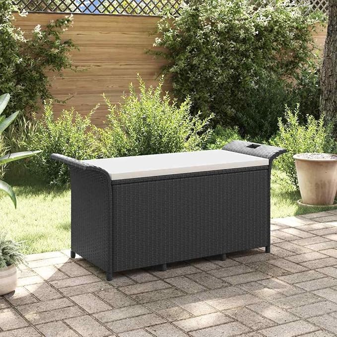 Garden Bench Black Polyethylene with Rattan Look Park Bench Outdoor Seating for Lawn Courtyard