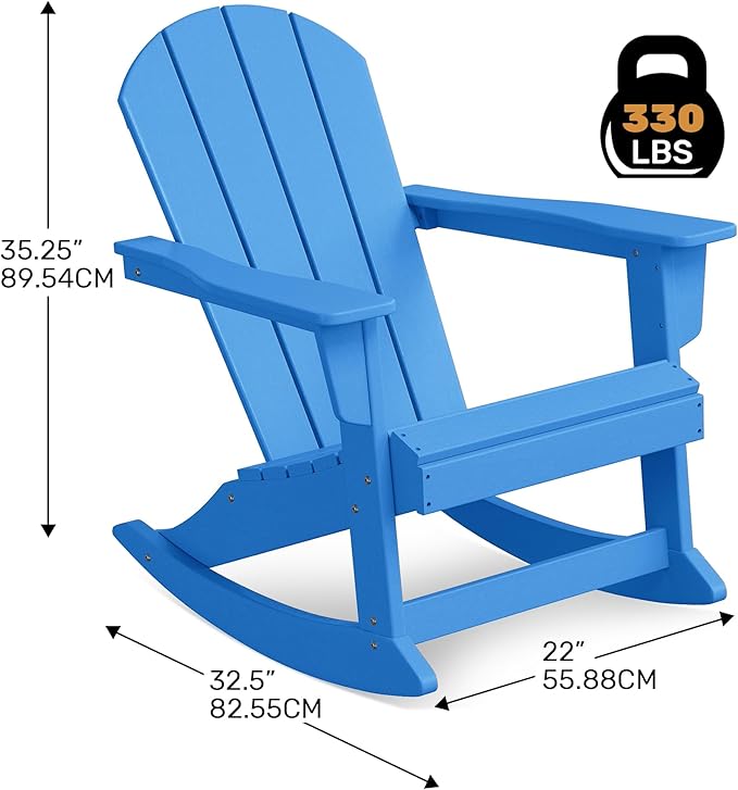 Costaelm Outdoor Adirondack Chair Set of 2, All Weather Resistant Classic Balcony Chair and Fire Pit Chairs, Plastic Outdoor Porch Furniture Rocking Chair High Back HDPE Poly Lumber, Pacific Blue