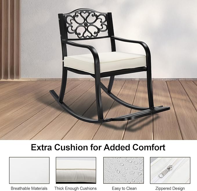 Metal Rocking Chair with Cushion, Outdoor Rocking Bench Wrought Iron Patio Rocking Chair with Footrest for Outside - Photo 5