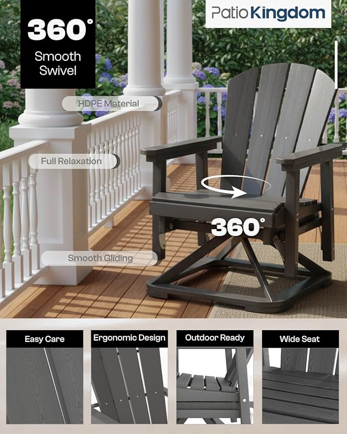 HDPE Swivel Glider Chair Outdoor, Weather Resistant Adirondack Outside Rocking Chair, Wooden Textured Outdoor Swivel Chair Set of 6 for Porch, Balcony, Poolside, Backyard (Grey)