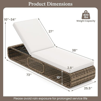 Tangkula Outdoor Chaise Lounge Chair, 7-Position PE Wicker Patio Reclining Sun Lounger with Adjustable Backrest, Cushion and Storage, Pool Sunbathing Recliner for Poolside, Backyard (2, Off White)