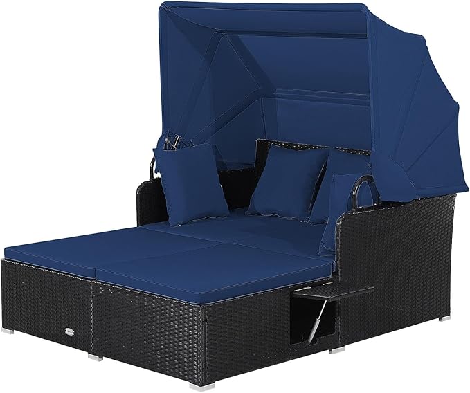 LDAILY Moccha Outdoor Daybed with Retractable Canopy, Wicker Cabana with 2 Side Tables & Soft Cushions,Hand-Woven PE Rattan Bed Lounger, Patio Sectional Furniture Set for Garden Backyard Porch (Navy)
